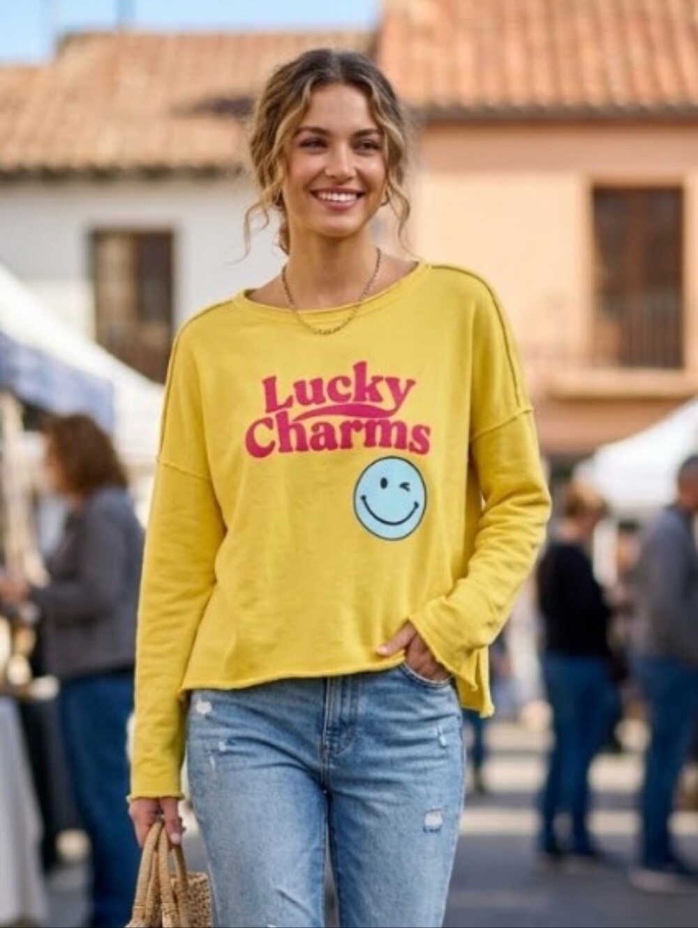 BUCKETLIST Oversized Sweatshirt with Pink 'Lucky Charms' and Blue Smiley NEW